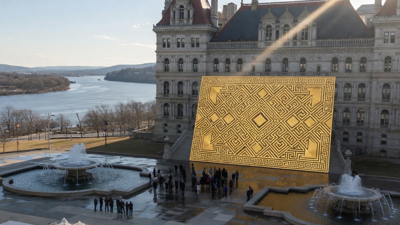 Albany Capitol, Hudson River fountains, and gold civic geometry — educational cover (Greek Orthodoxy civic grammar, American Future Type)