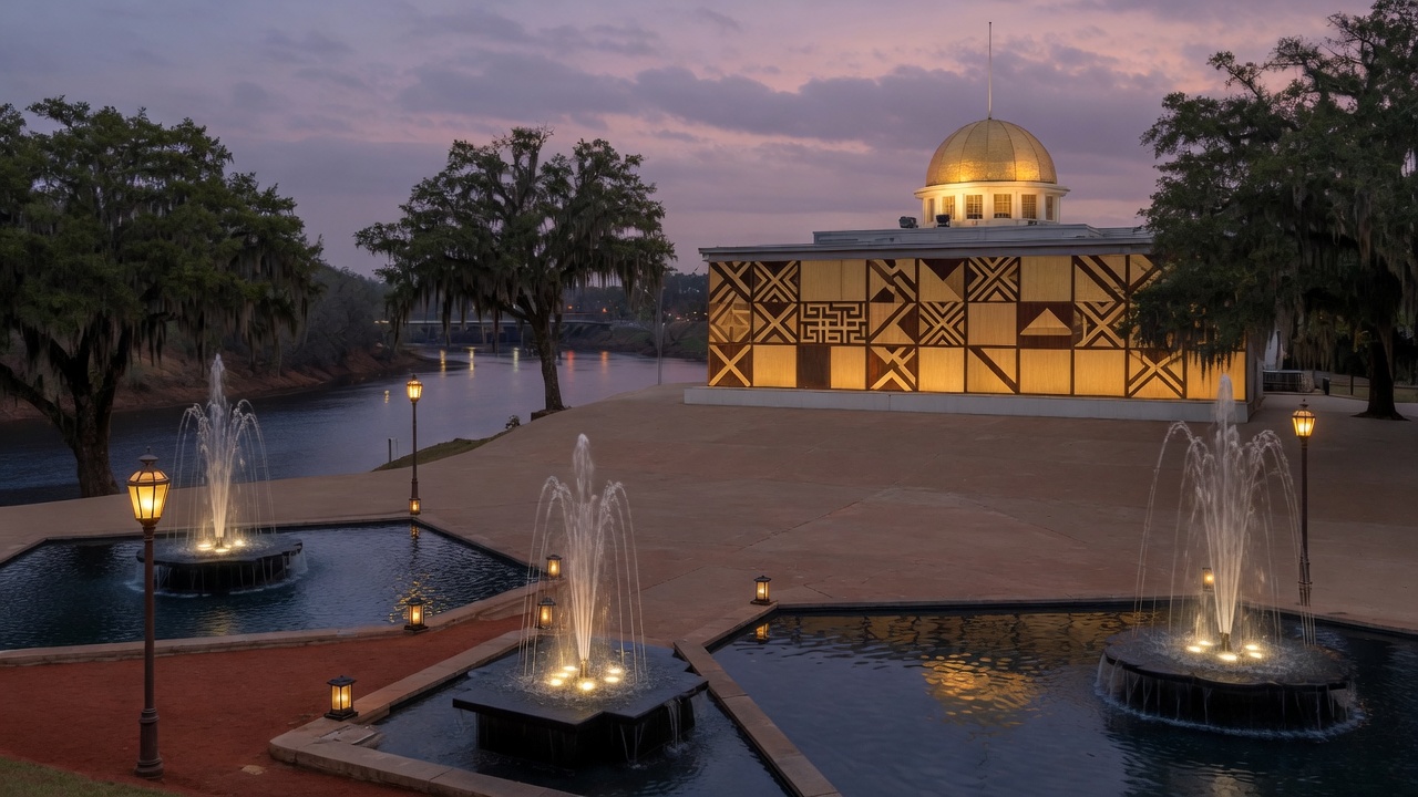 Gold-dome civic square and Alabama River fountains at dusk — educational cover (Greek Orthodoxy civic grammar, American Future Type)