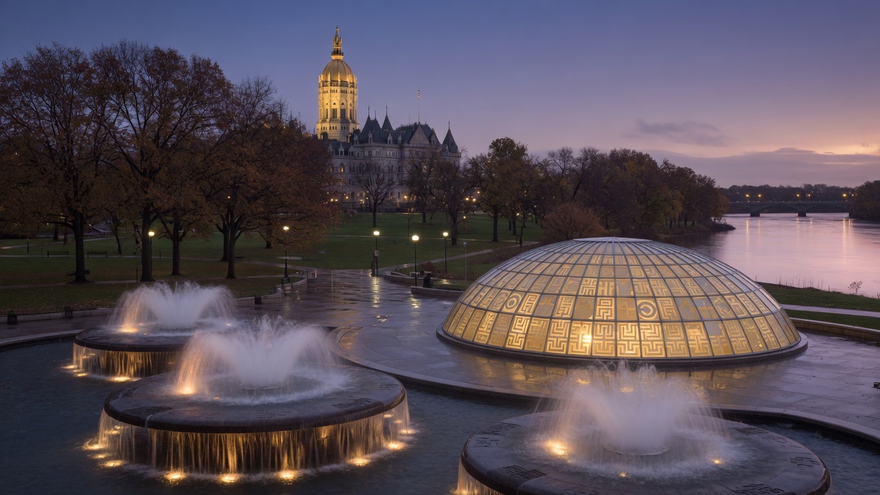Bushnell Park dusk fountains and the Hartford gold dome on the Connecticut River — educational cover (Greek Orthodoxy civic grammar, American Future Type)