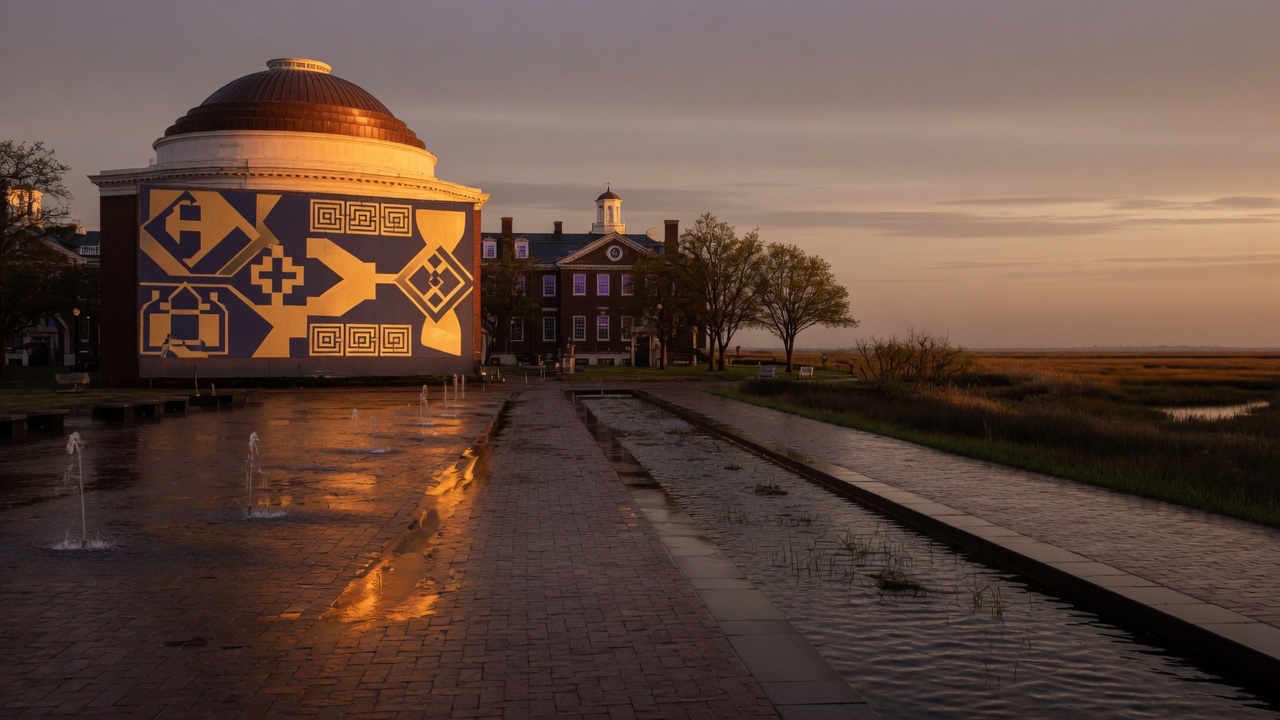 Legislative Hall dusk fountains toward the St. Jones marsh — educational cover (Greek Orthodoxy civic grammar, American Future Type)