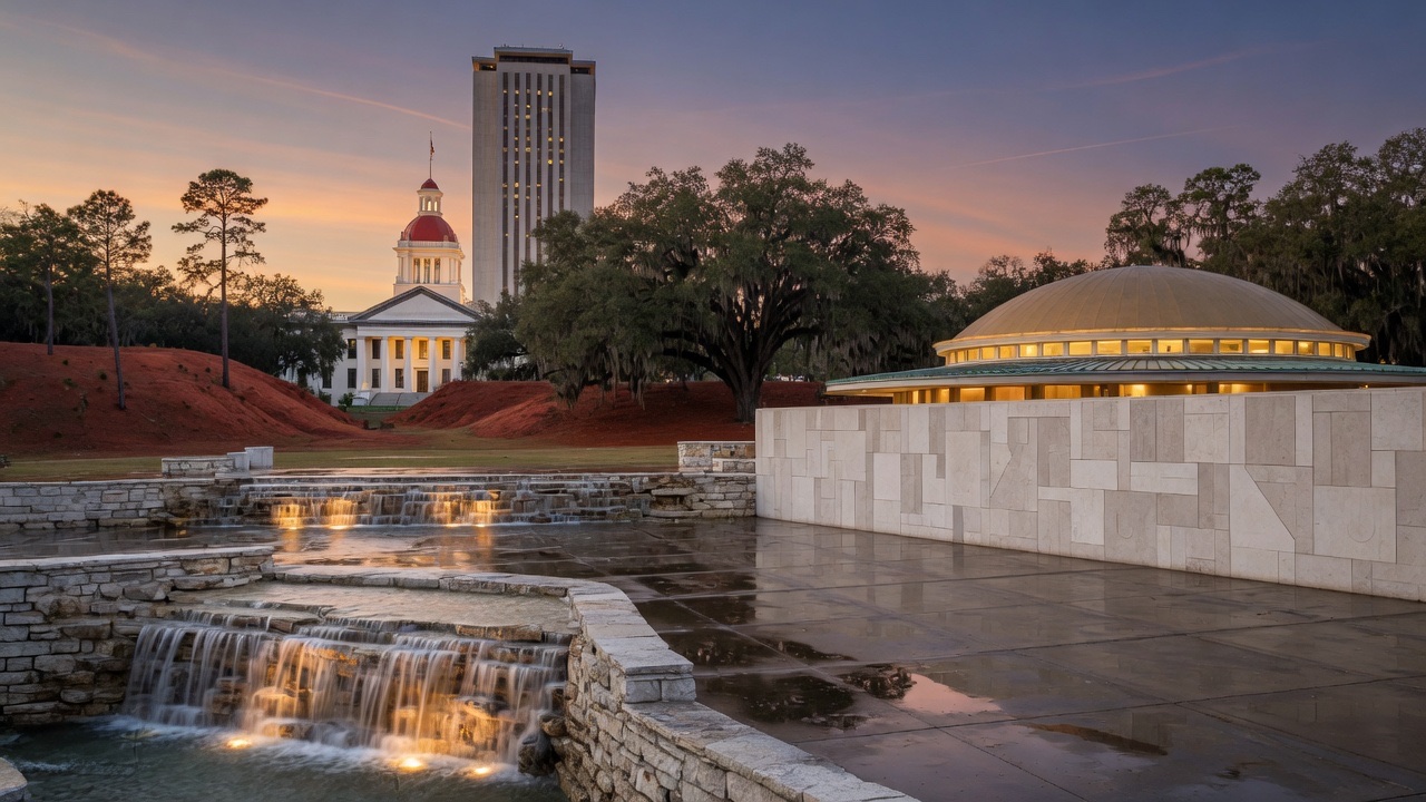 Cascades Park dusk and the Tallahassee old capitol on the Red Hills — educational cover (Greek Orthodoxy civic grammar, American Future Type)