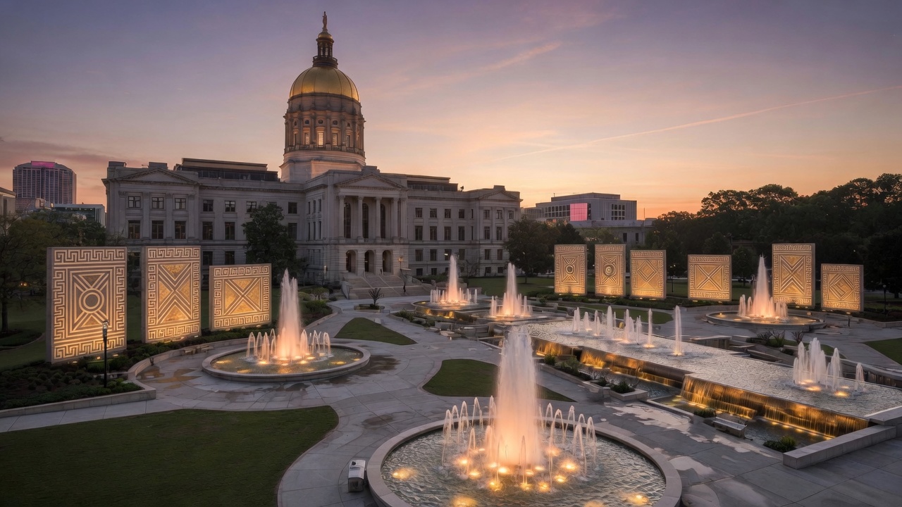 Gold-dome civic square and Capitol Square fountains at dusk — educational cover (Greek Orthodoxy civic grammar, American Future Type)