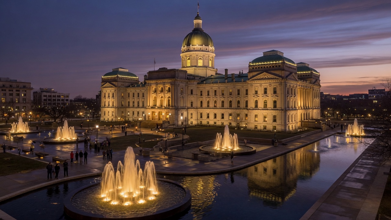 Indianapolis Statehouse dusk fountains on the canal — educational cover (Greek Orthodoxy civic grammar, American Future Type)