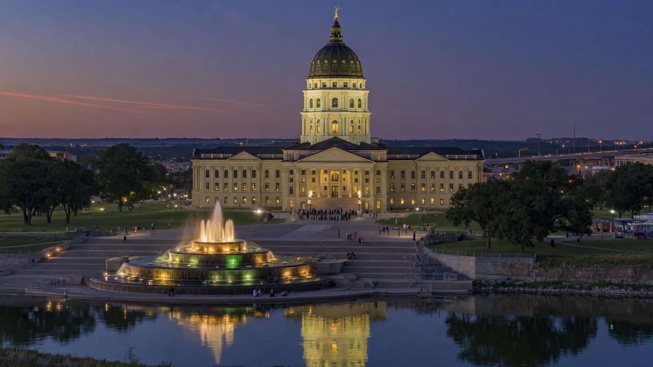 Topeka copper-dome dusk fountains on the Kansas River — educational cover (Greek Orthodoxy civic grammar, American Future Type)
