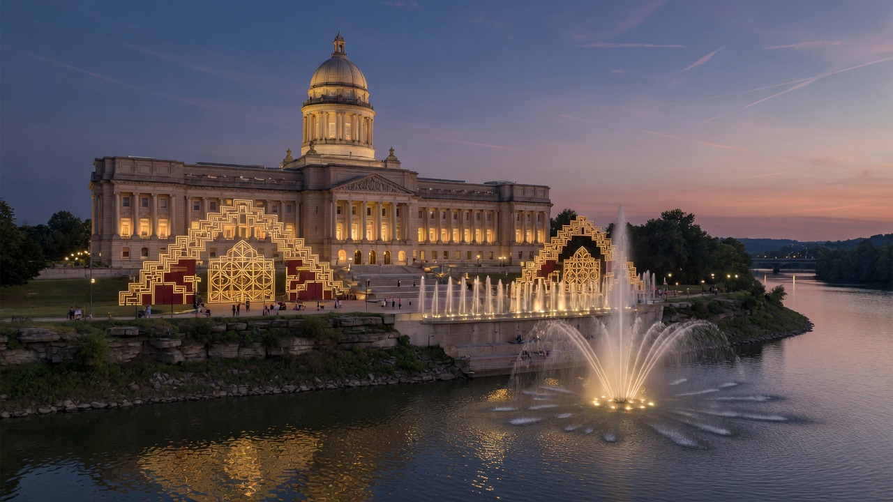 Frankfort capitol dusk fountains on the Kentucky River bluff — educational cover (Greek Orthodoxy civic grammar, American Future Type)