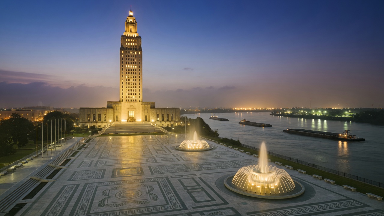 Baton Rouge river-tower dusk fountains on the Mississippi — educational cover (Greek Orthodoxy civic grammar, American Future Type)