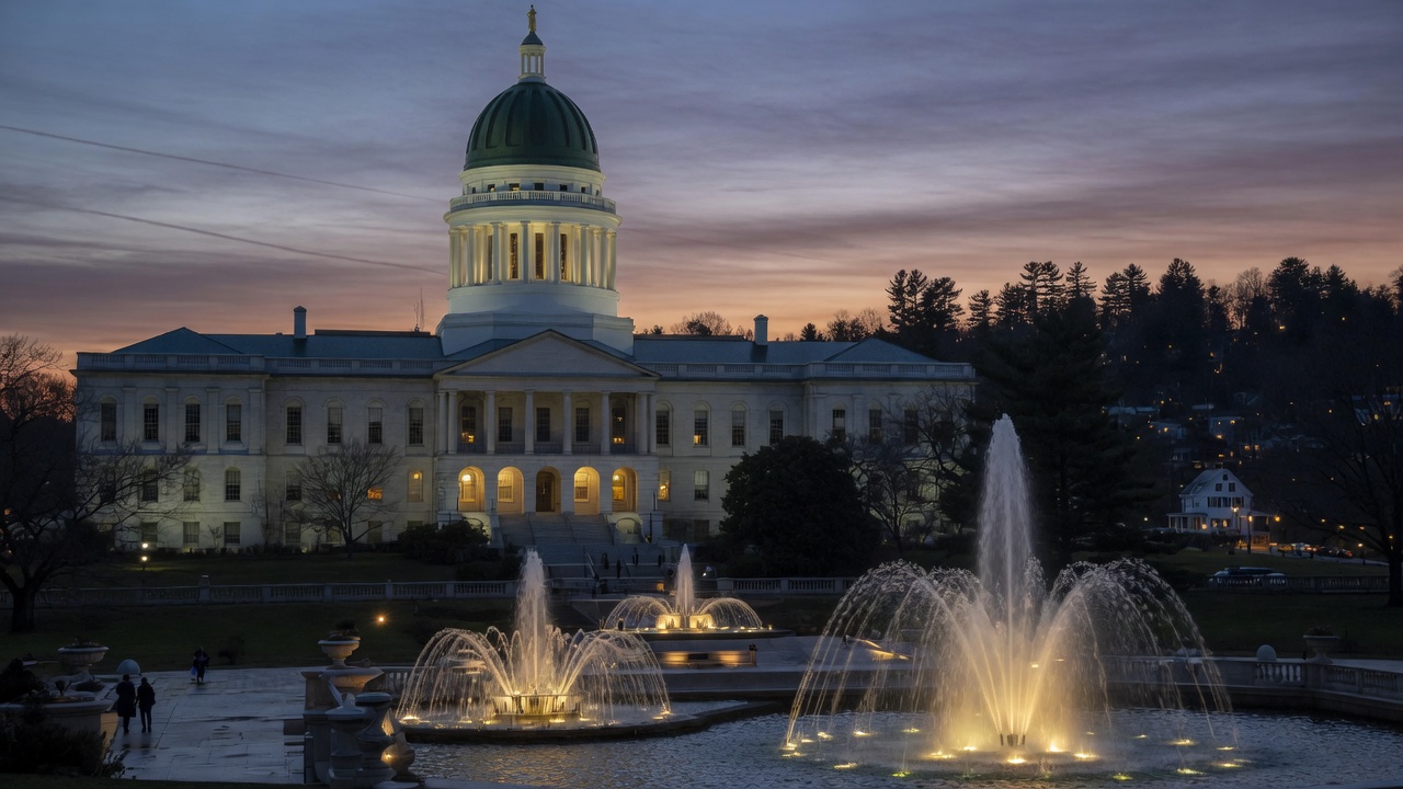 Augusta granite-dome dusk fountains above the Kennebec — educational cover (Greek Orthodoxy civic grammar, American Future Type)