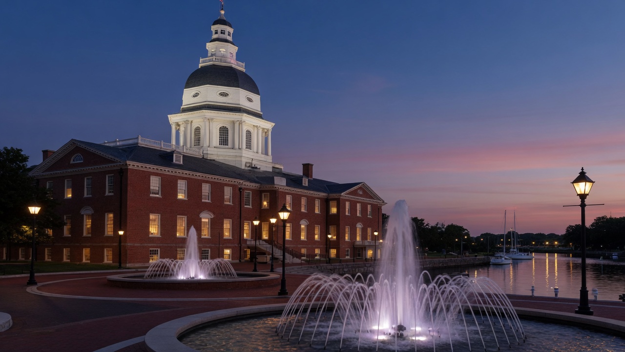 Annapolis wooden-dome dusk fountains on Spa Creek — educational cover (Greek Orthodoxy civic grammar, American Future Type)