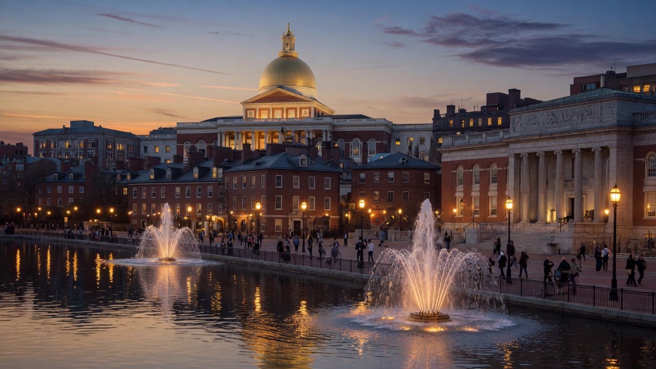 Beacon Hill golden-dome dusk fountains on the Charles — educational cover (Greek Orthodoxy civic grammar, American Future Type)