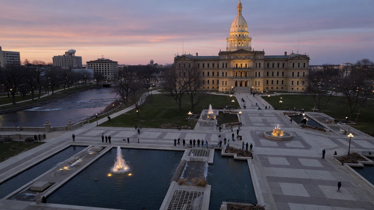 Lansing Capitol dusk fountains on the Grand River — educational cover (Greek Orthodoxy civic grammar, American Future Type)