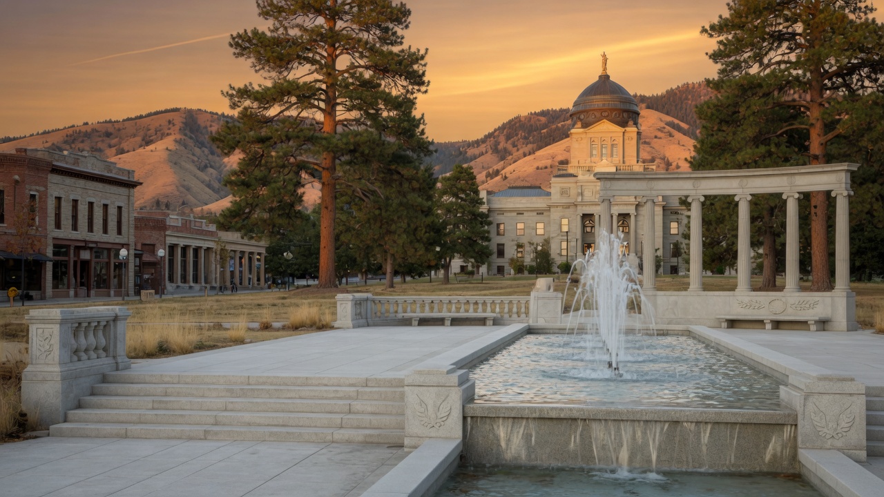Helena Last Chance Gulch dusk fountains — educational cover (Greek Orthodoxy civic grammar, American Future Type)