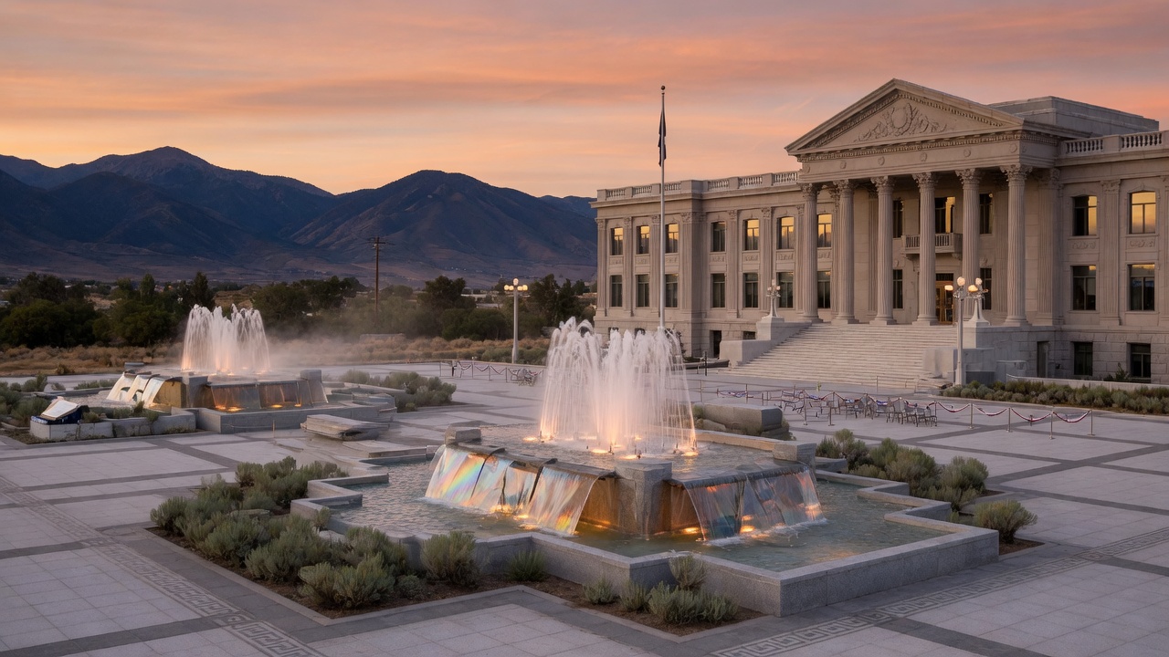 Carson City dusk Sierra-foot fountains — educational cover (Greek Orthodoxy civic grammar, American Future Type)