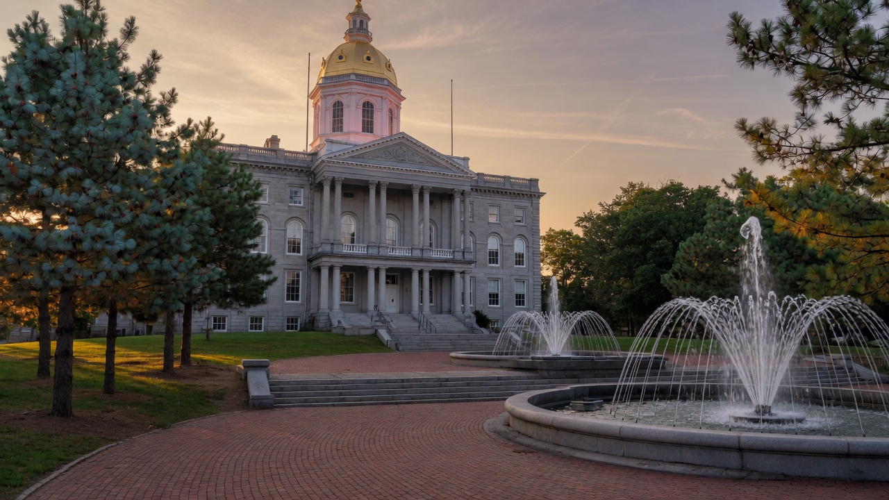 Concord granite State House dusk fountains — educational cover (Greek Orthodoxy civic grammar, American Future Type)