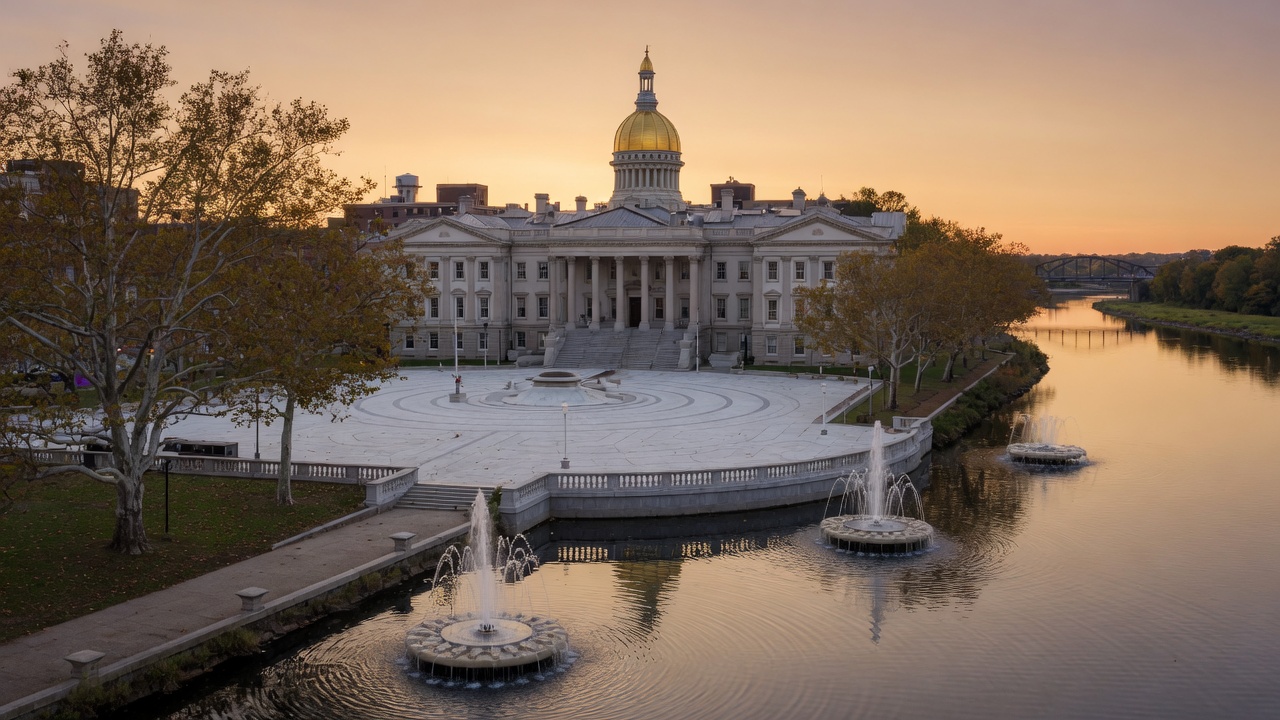 Trenton dusk Delaware fountains — educational cover (Greek Orthodoxy civic grammar, American Future Type)