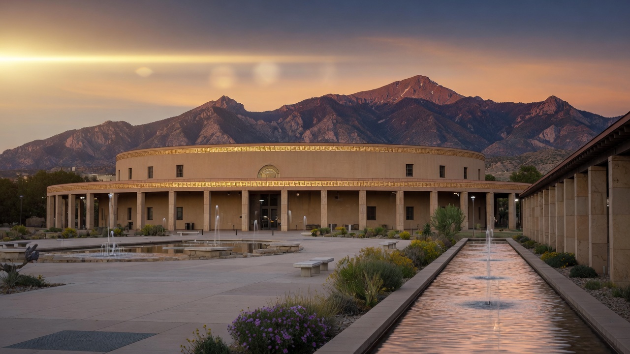 Santa Fe Roundhouse dusk, Sangre de Cristo, and running acequia water — educational cover (Greek Orthodoxy civic grammar, American Future Type)