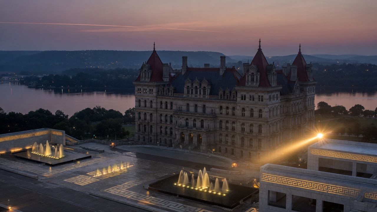 Albany Capitol dusk, Hudson fountains, and gold civic geometry — educational cover (Greek Orthodoxy civic grammar, American Future Type)