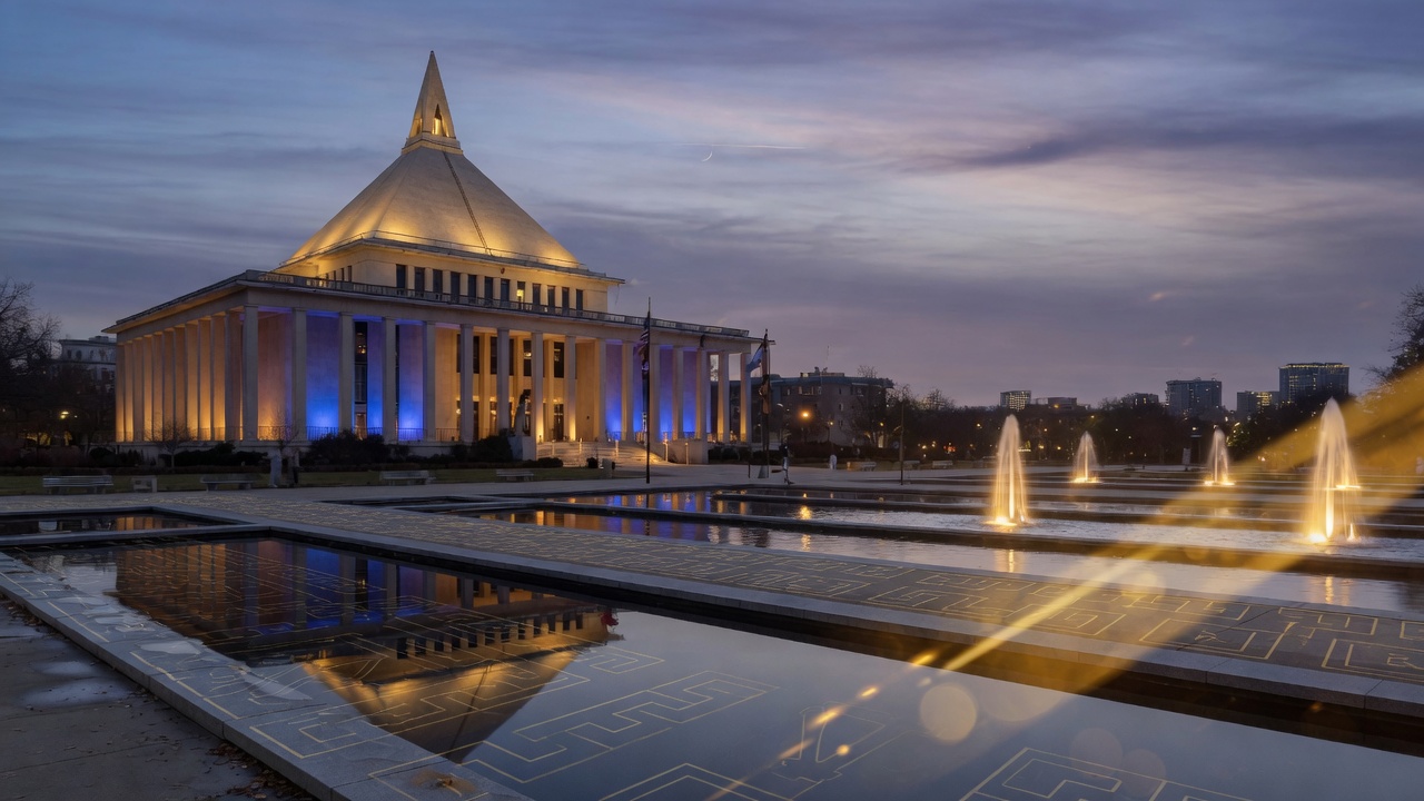 Raleigh Legislative Building dusk, reflecting pools, and piedmont fountains — educational cover (Greek Orthodoxy civic grammar, American Future Type)