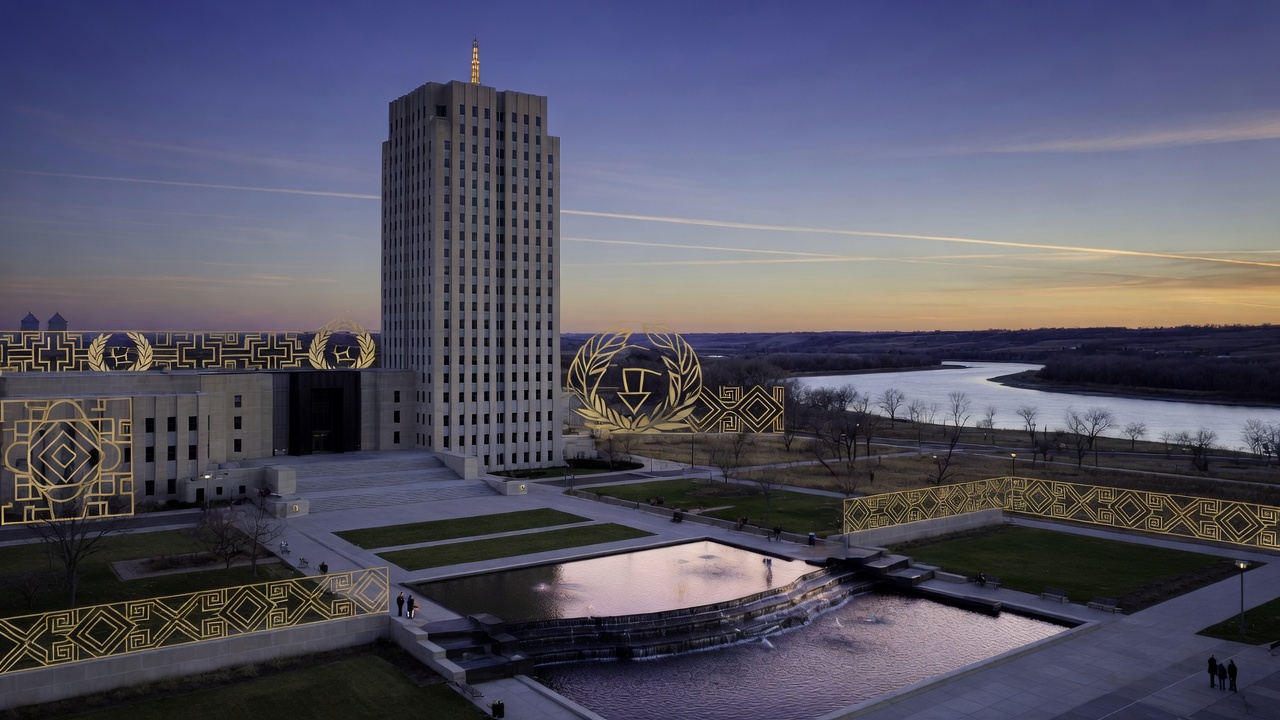 Bismarck 19-story Capitol dusk, Missouri River, and civic water — educational cover (Greek Orthodoxy civic grammar, American Future Type)